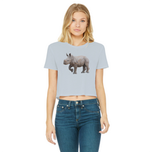 Load image into Gallery viewer, a round neck light grey/blue tee that is cropped and has a rhino calf on the chest
