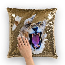 Load image into Gallery viewer, Gold sequinned cushion that has a hidden large print yawning lion when swiped
