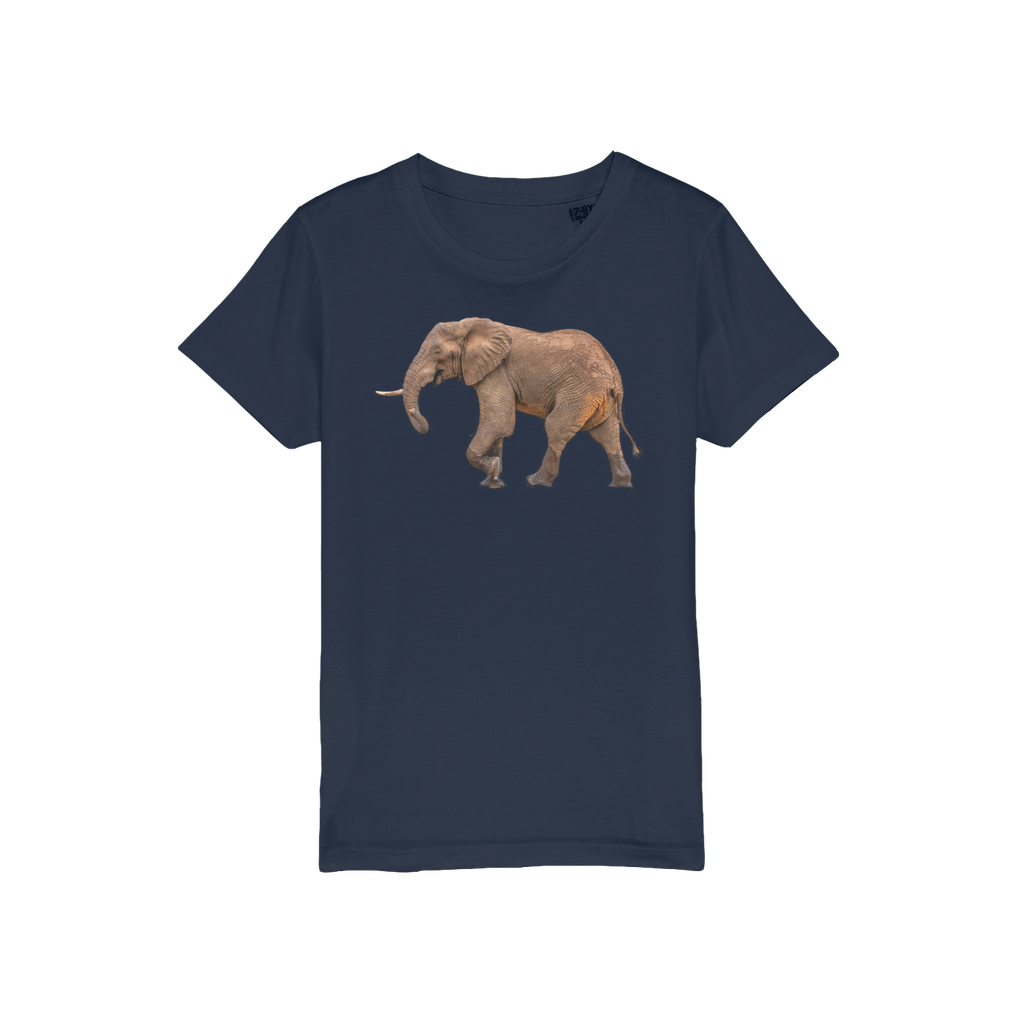 A navy tee for kids with a round neck and a smiling elephant on the chest