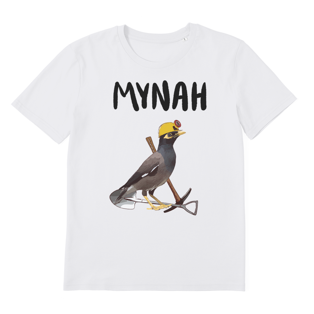 A shirt with a mining mynah meme. A white t-shirt. Bird has mining tools and a hard hat. 