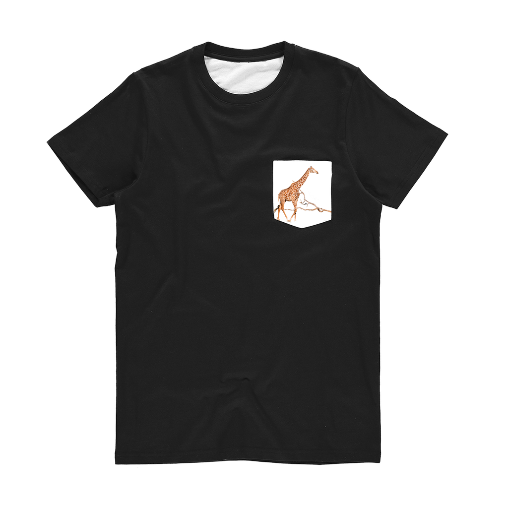 Basic black T-shirt with a white pocket & an african giraffe on the pocket