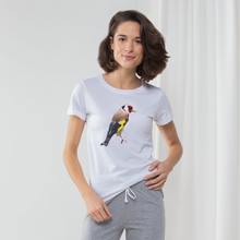 Load image into Gallery viewer, Ladies pyjama set with a goldfinch on the front of a white t-shirt and grey long pants
