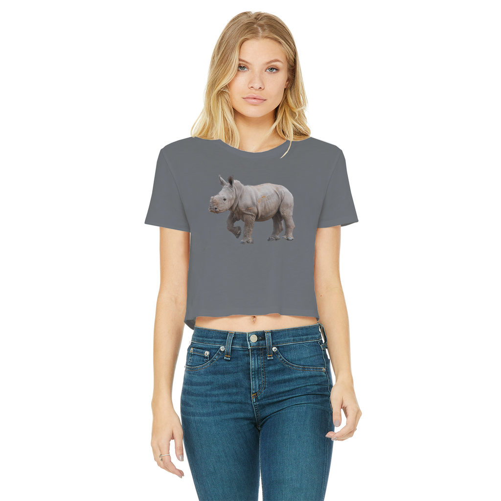 Dark Grey crop top with a rhino. Top has a round neck.