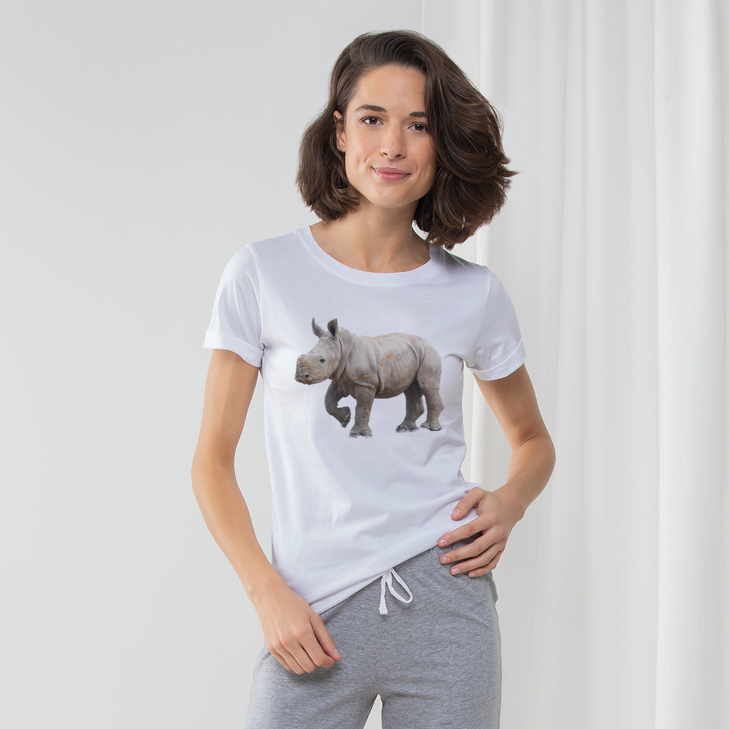 Ladies pyjama set with african rhino on the front of a white t-shirt and grey bottoms