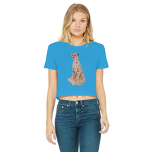 Load image into Gallery viewer, a cropped t-shirt in blue with a cheetah on the front
