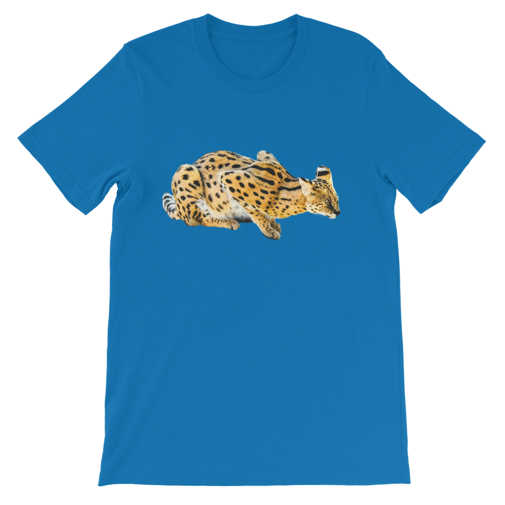 serval cat on a medium cobalt blue kids t-shirt with a round neck