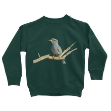 Load image into Gallery viewer, Eurasian Roller Bird on a kids sweatshirt in deep green
