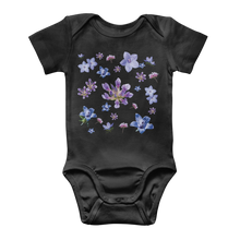 Load image into Gallery viewer, Black onesie for babies with a blue and purple floral pattern on front
