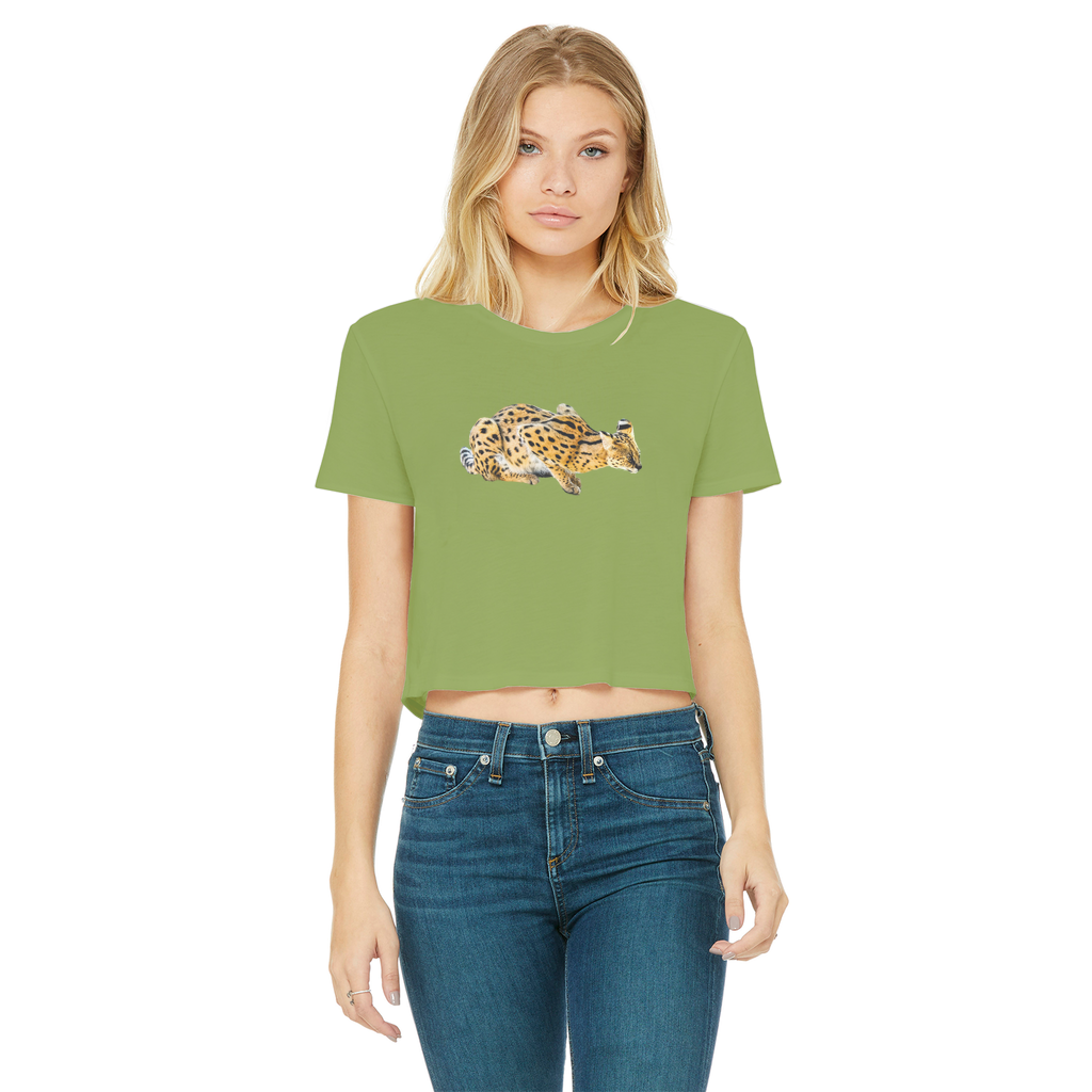 Women's cropped t-shirt with a Serval cat. Green tee. 