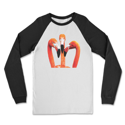 Black sleeves on a white shirt with a flamingo print