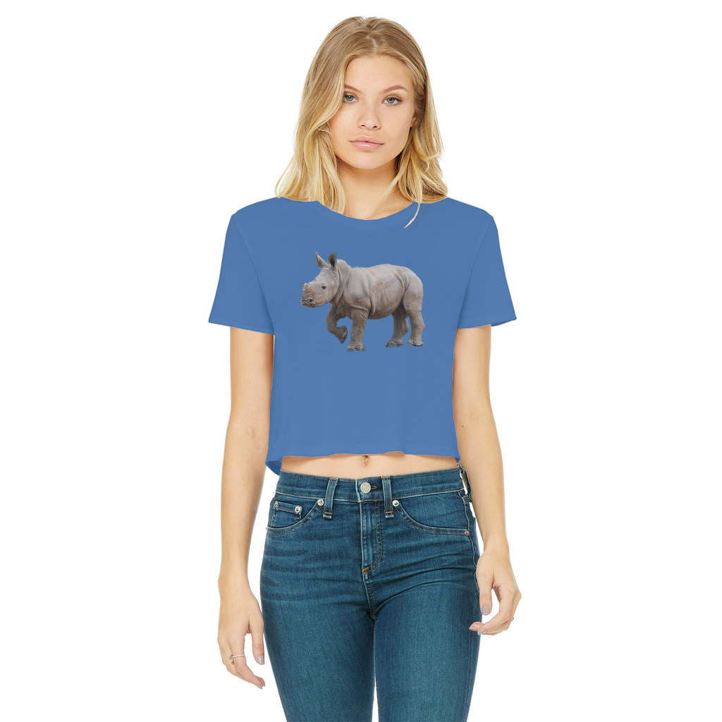 a medium blue cropped t-shirt with a round neck and rhino print on the chest.