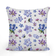 Load image into Gallery viewer, Purple sequinned cushion that has a hidden blue and purple floral print with a white background
