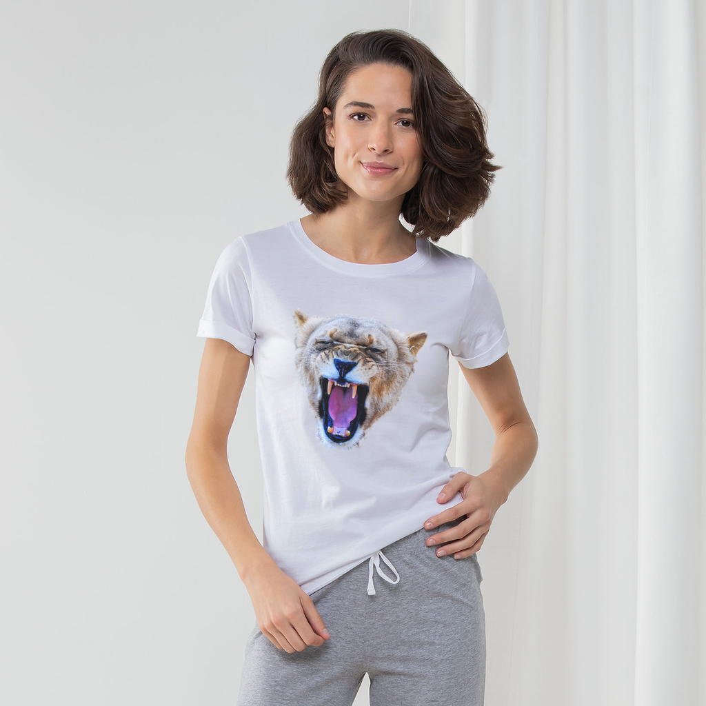 Ladies pyjama set with yawning lioness on the front of a white t-shirt and grey long pants