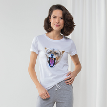 Load image into Gallery viewer, Ladies pyjama set with yawning lioness on the front of a white t-shirt and grey long pants
