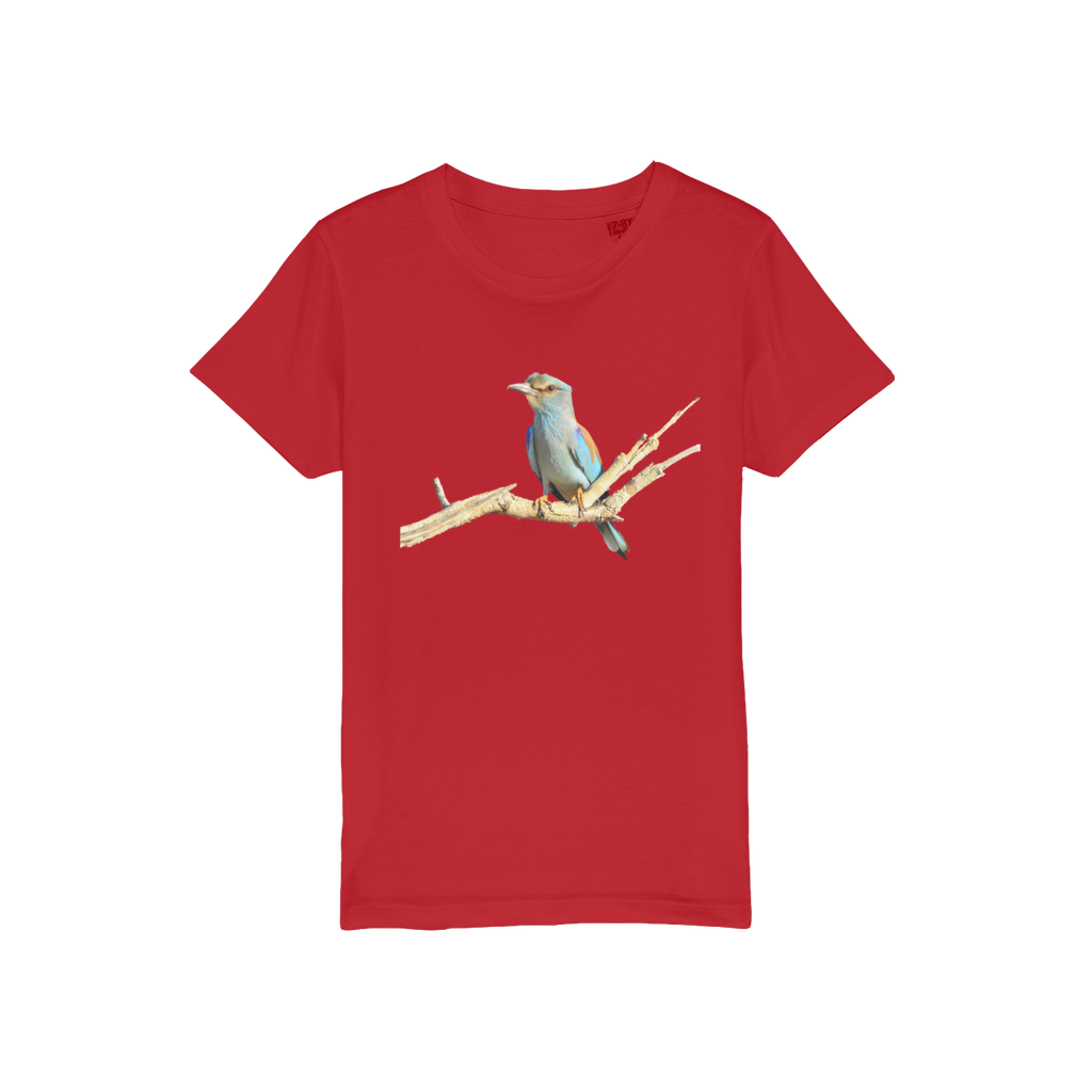 a red t shirt for kids with a roller bird