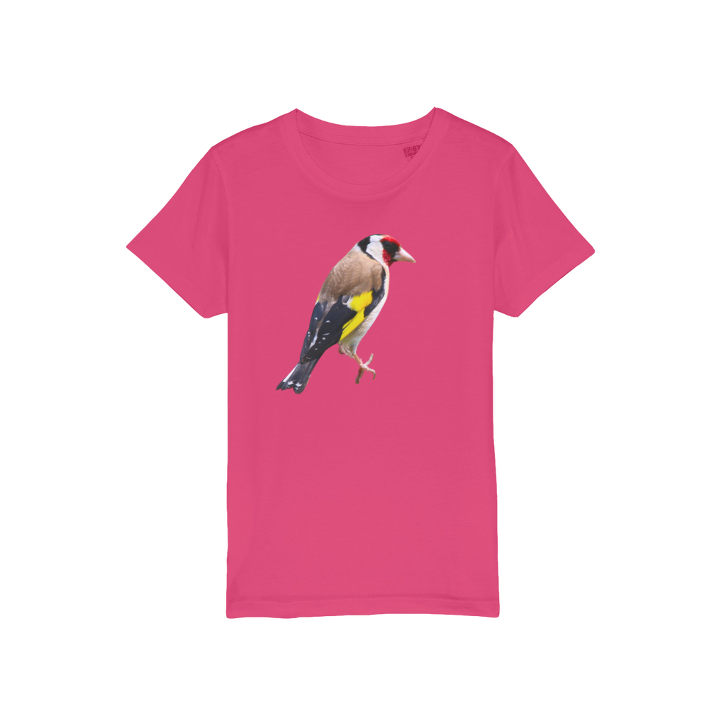 A bright pink kids t-shirt for girls and boys and it has a goldfinch on the front. 