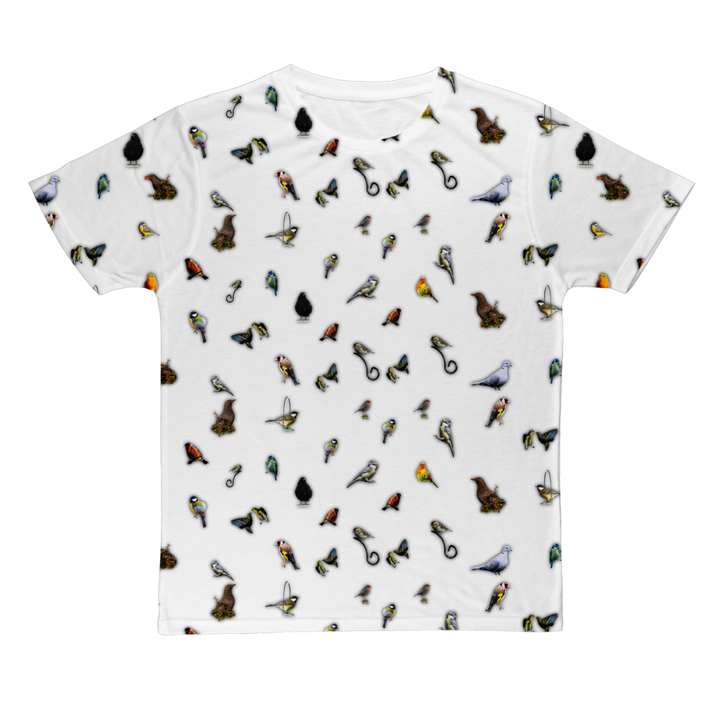 Men's garden bird t-shirt in white with repeating bird pattern