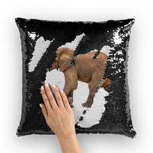 Load image into Gallery viewer, Black sequinned cushion that has a hidden large print elephant when swiped

