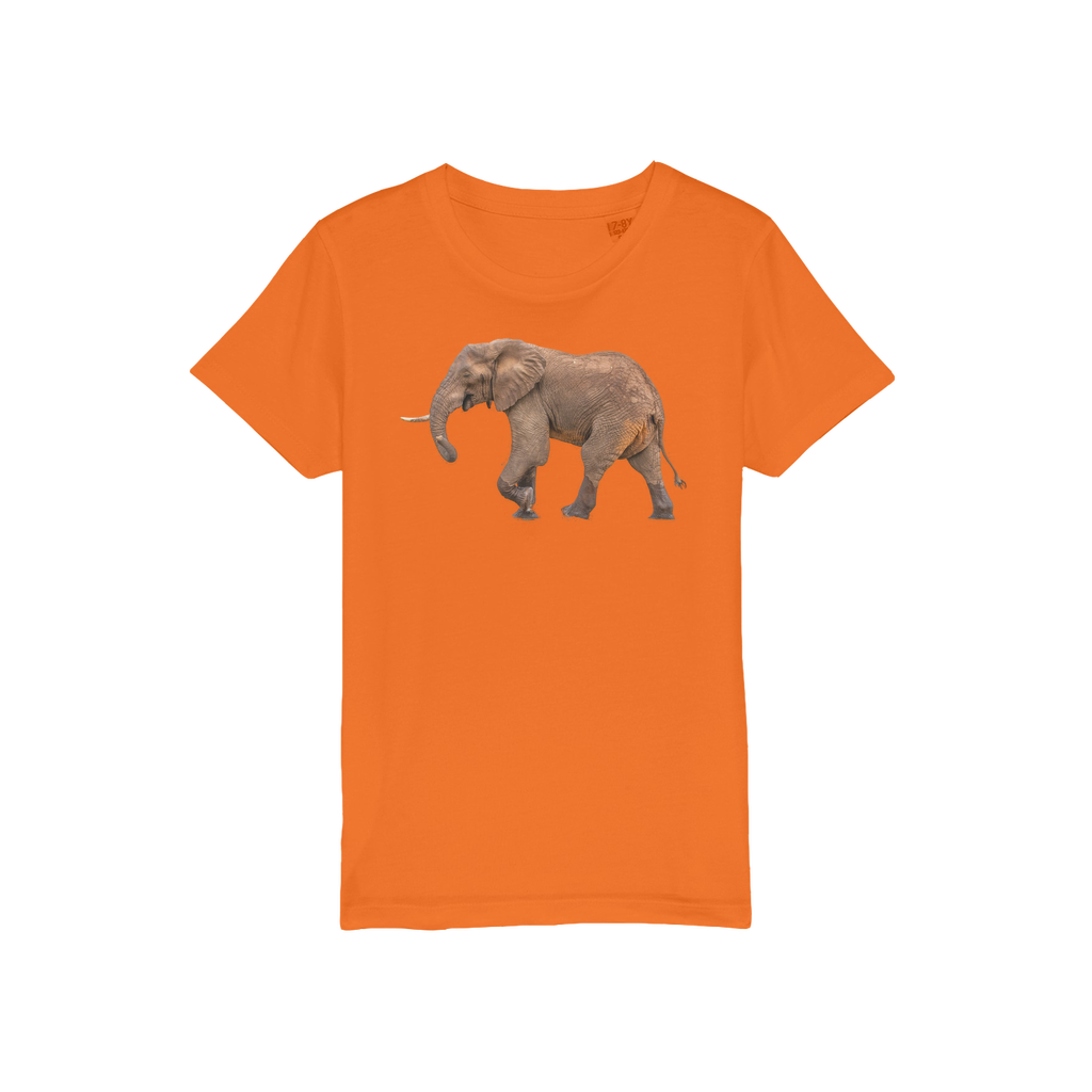 An orange t-shirt for kids with an elephant on the front and a round neck