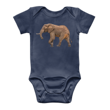 Load image into Gallery viewer, a navy baby bodysuit with an elephant on the front
