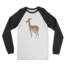 Load image into Gallery viewer, Black long sleeves on a white shirt with an impala print
