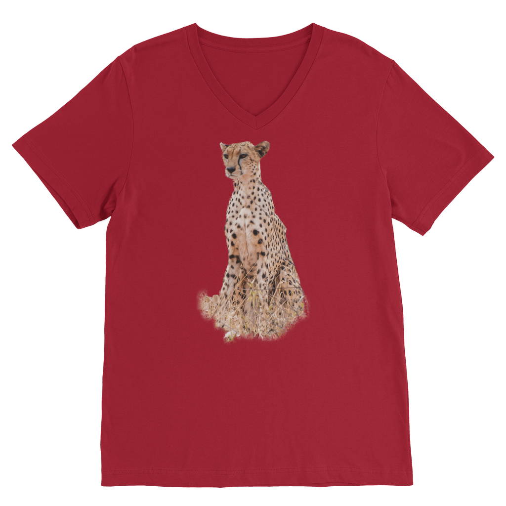 A red v-neck t-shirt for men with a large cheetah print