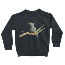 Load image into Gallery viewer, Eurasian Roller Bird on a kids sweatshirt in navy
