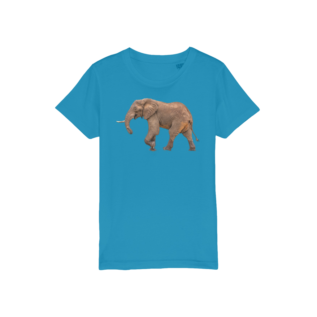 A blue elephant t-shirt for kids with a round neck. 