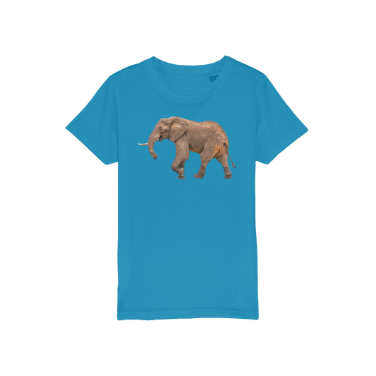 A blue elephant t-shirt for kids with a round neck. 