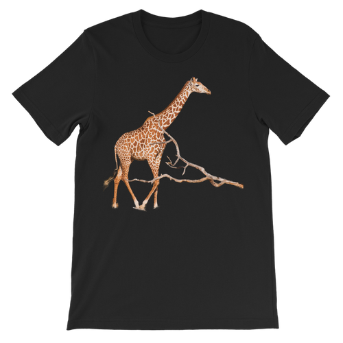  a large print giraffe on a black t-shirt for children