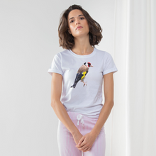 Load image into Gallery viewer, Ladies pyjama set with a goldfinch on the front of a white t-shirt and pink long pants
