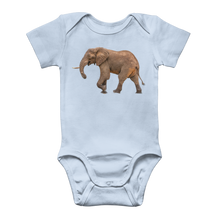 Load image into Gallery viewer, A light blue baby onesie, on the front a side profile african elephant
