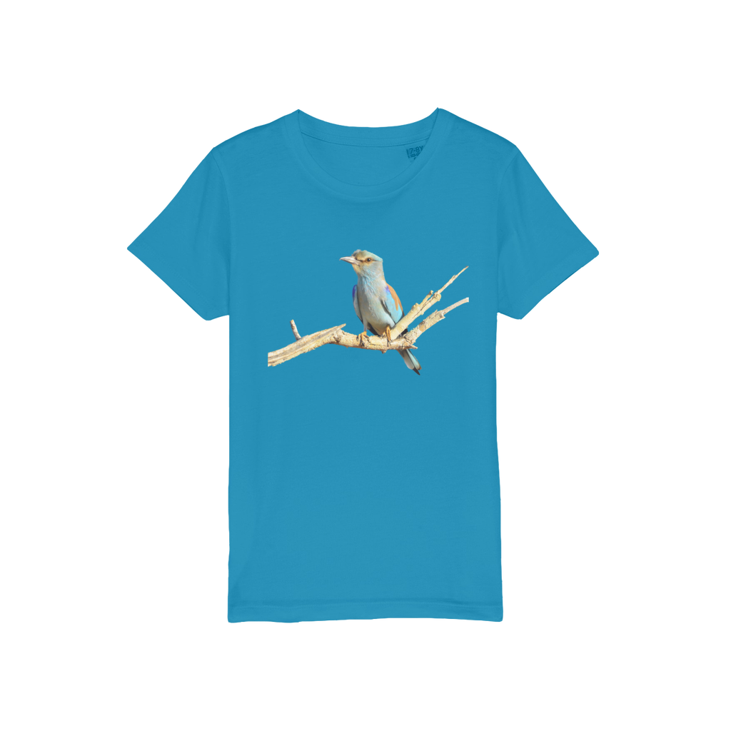 A blue kids t-shirt with a Eurasian Roller Bird.