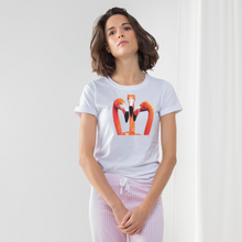 Load image into Gallery viewer, Ladies pyjama set with 3 orange flamingos on the front of a white t-shirt and pink long pants
