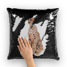 Load image into Gallery viewer, Black sequinned cushion that has a hidden large print cheetah when swiped
