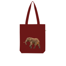 Load image into Gallery viewer, Burgundy cotton tote bag with a large photographic print of an elephant

