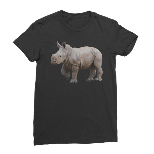 black women's t-shirt with a round neck and rhino print. 