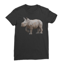 将图片加载到图库查看器，black women&#39;s t-shirt with a round neck and rhino print. 
