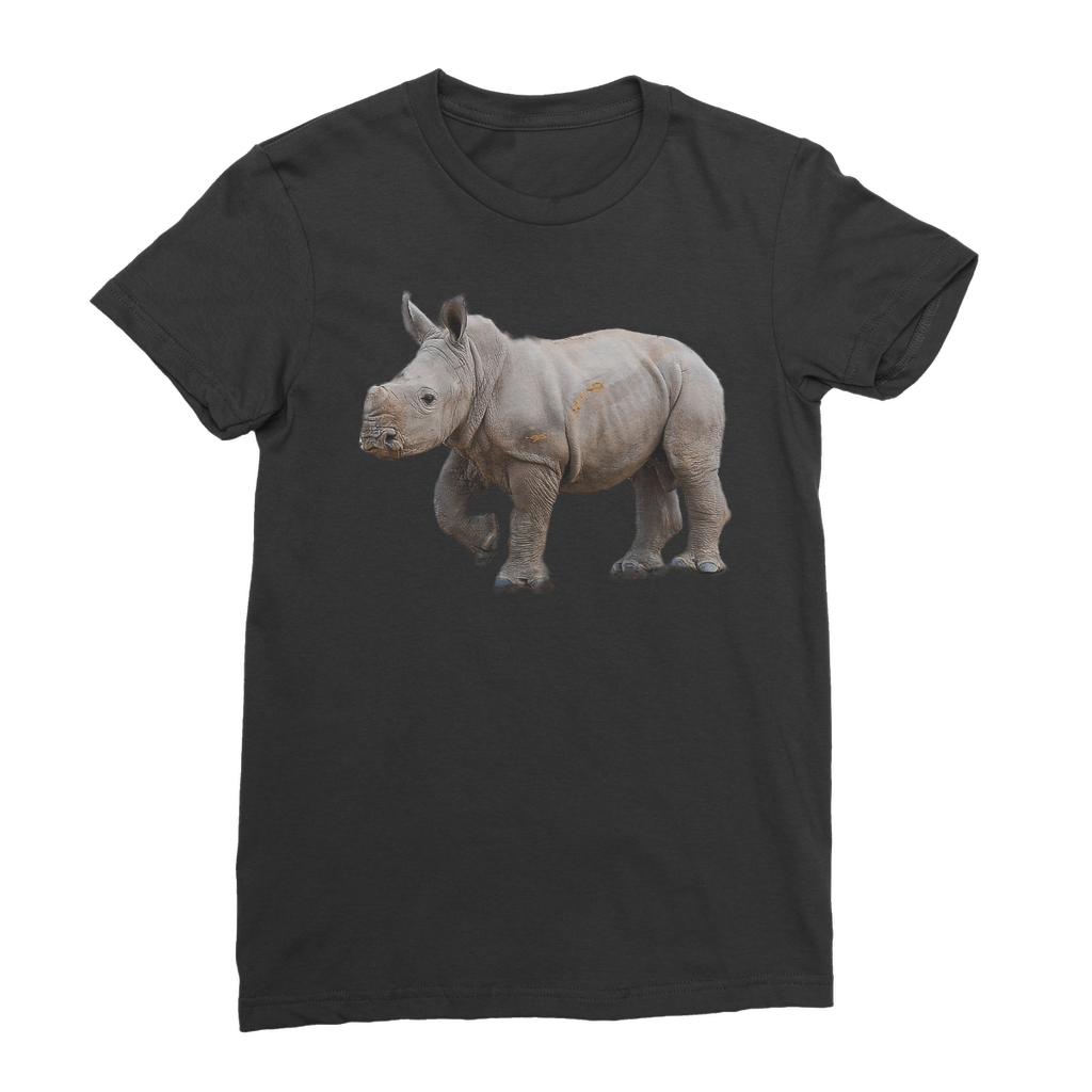 black women's t-shirt with a round neck and rhino print. 