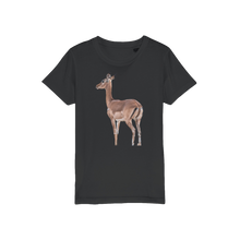 Load image into Gallery viewer, a black t-shirt for kids with an african impala. 

