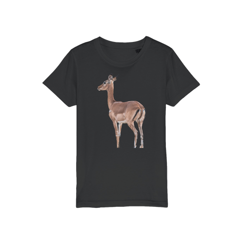a black t-shirt for kids with an african impala. 