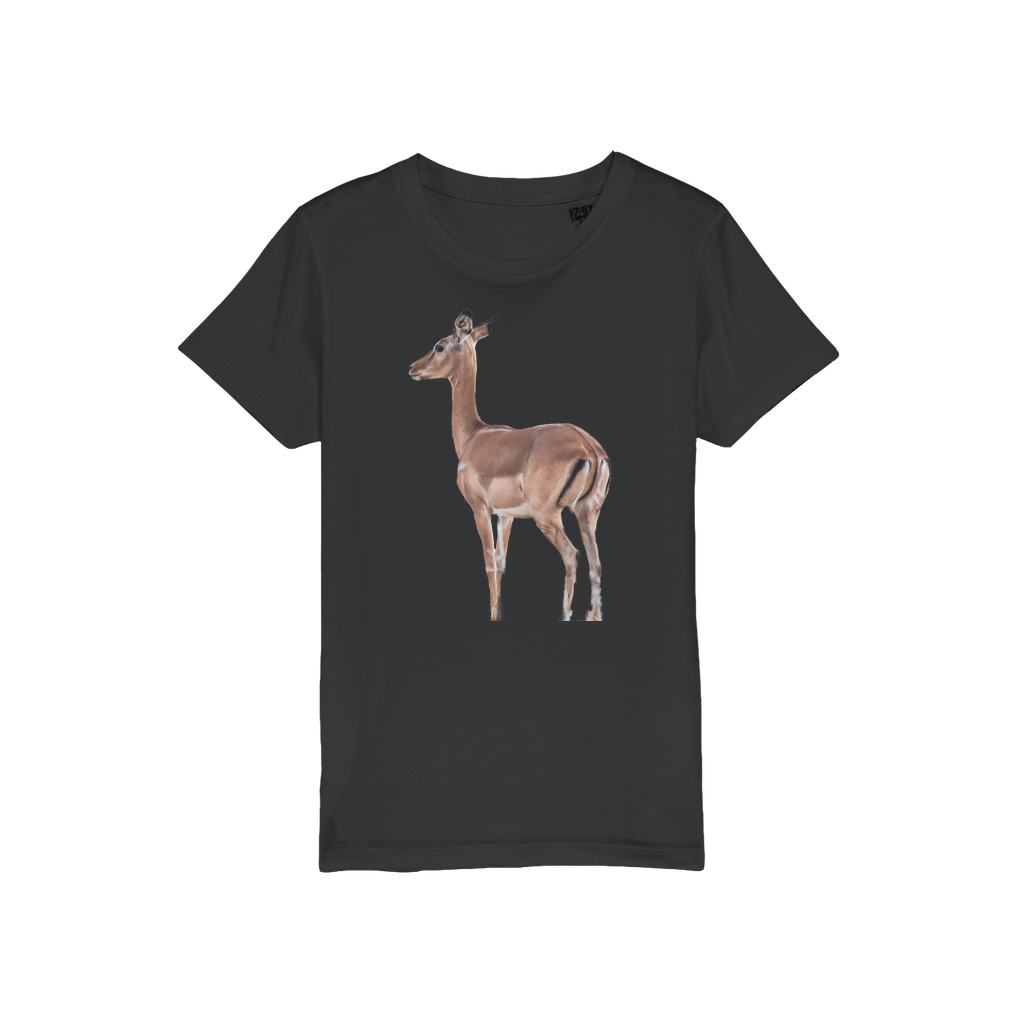 a black t-shirt for kids with an african impala. 