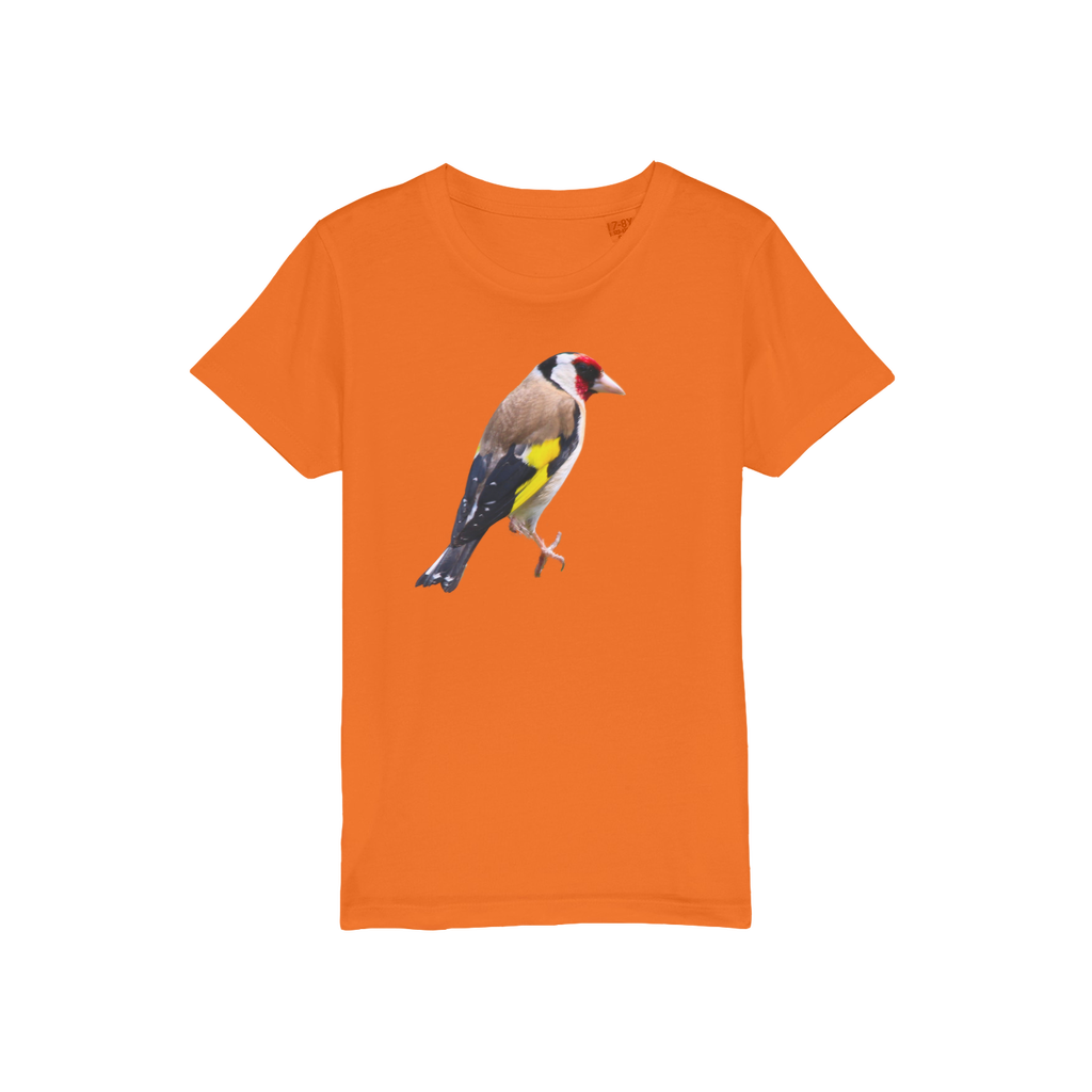 An orange t-shirt with a goldfinch on the chest. 