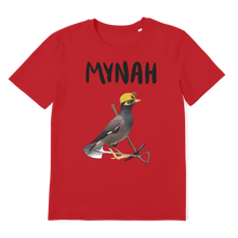 Load image into Gallery viewer, A red bird meme shirt with a mining mynah. 
