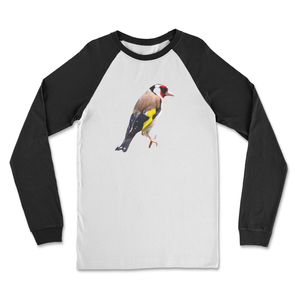 A white shirt with black long sleeves with a goldfinch bird print.