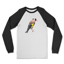 Load image into Gallery viewer, A white shirt with black long sleeves with a goldfinch bird print.
