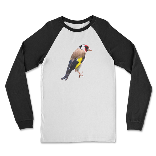 A white shirt with black long sleeves with a goldfinch bird print.