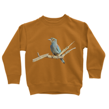 Load image into Gallery viewer, Eurasian Roller Bird on a kids sweatshirt in mustard orange
