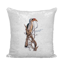 Load image into Gallery viewer, White sequinned cushion that has a hidden large print hornbill when swiped
