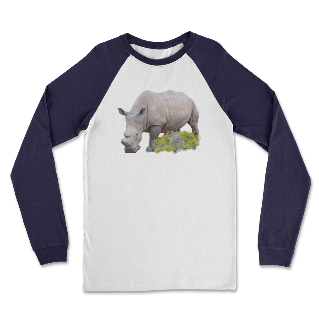 Baseball top with long sleeves in navy and a rhino on the front.